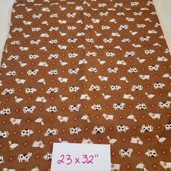 Cotton Fabric Lot 2 Pcs Farm Animal Cow Print & Geo 23x32–14x42" Brown Scraps - Picture 5 of 8